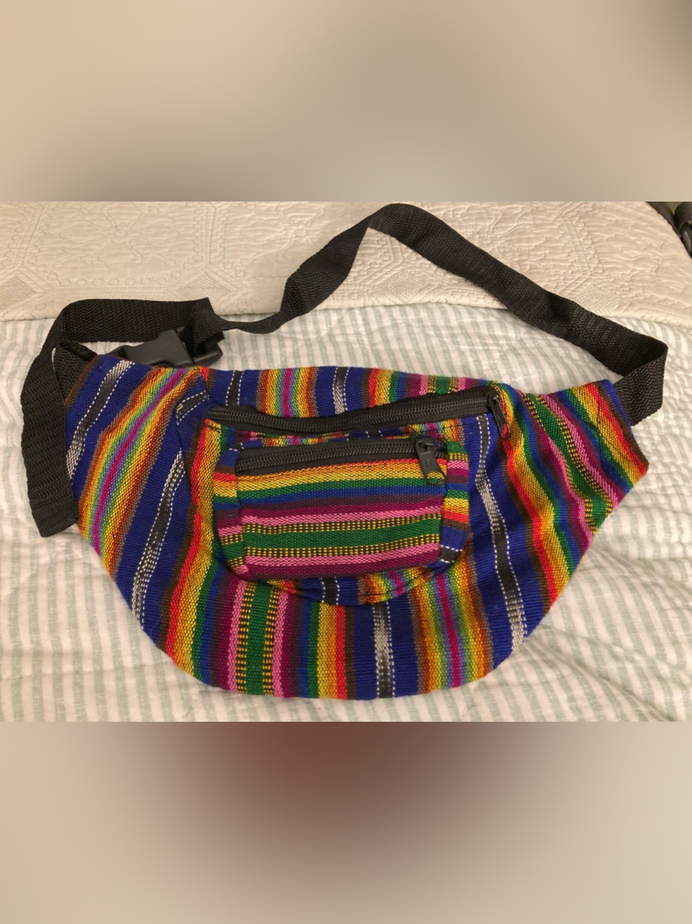 Colorful Woven Striped Cotton Fanny Pack w 3 Zippered Compartments